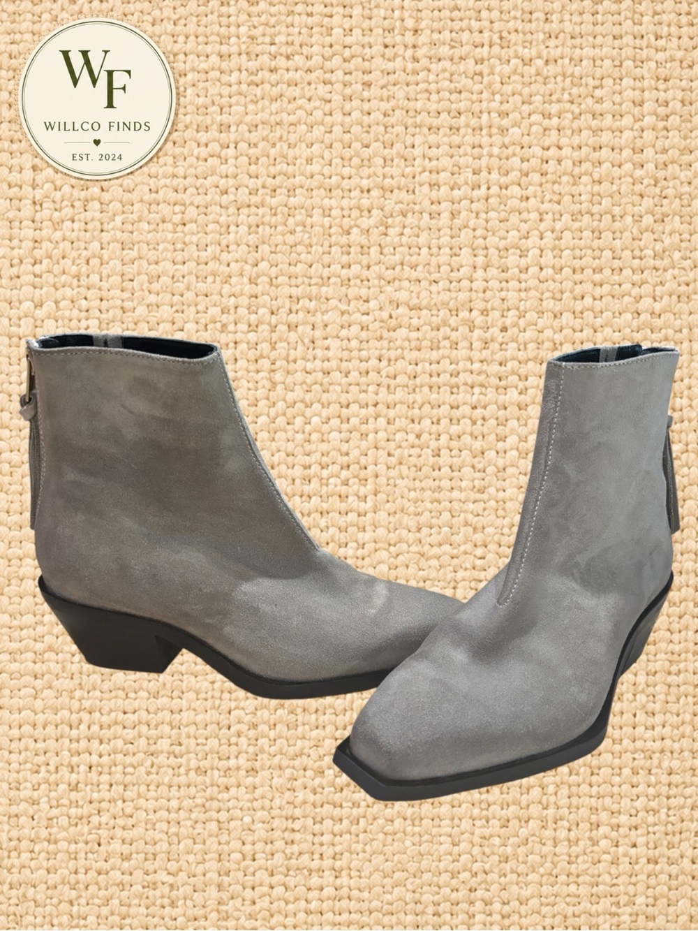 AllSaints Gray Suede Western Ankle Boots Size 37 Back Zip Pointed Toe